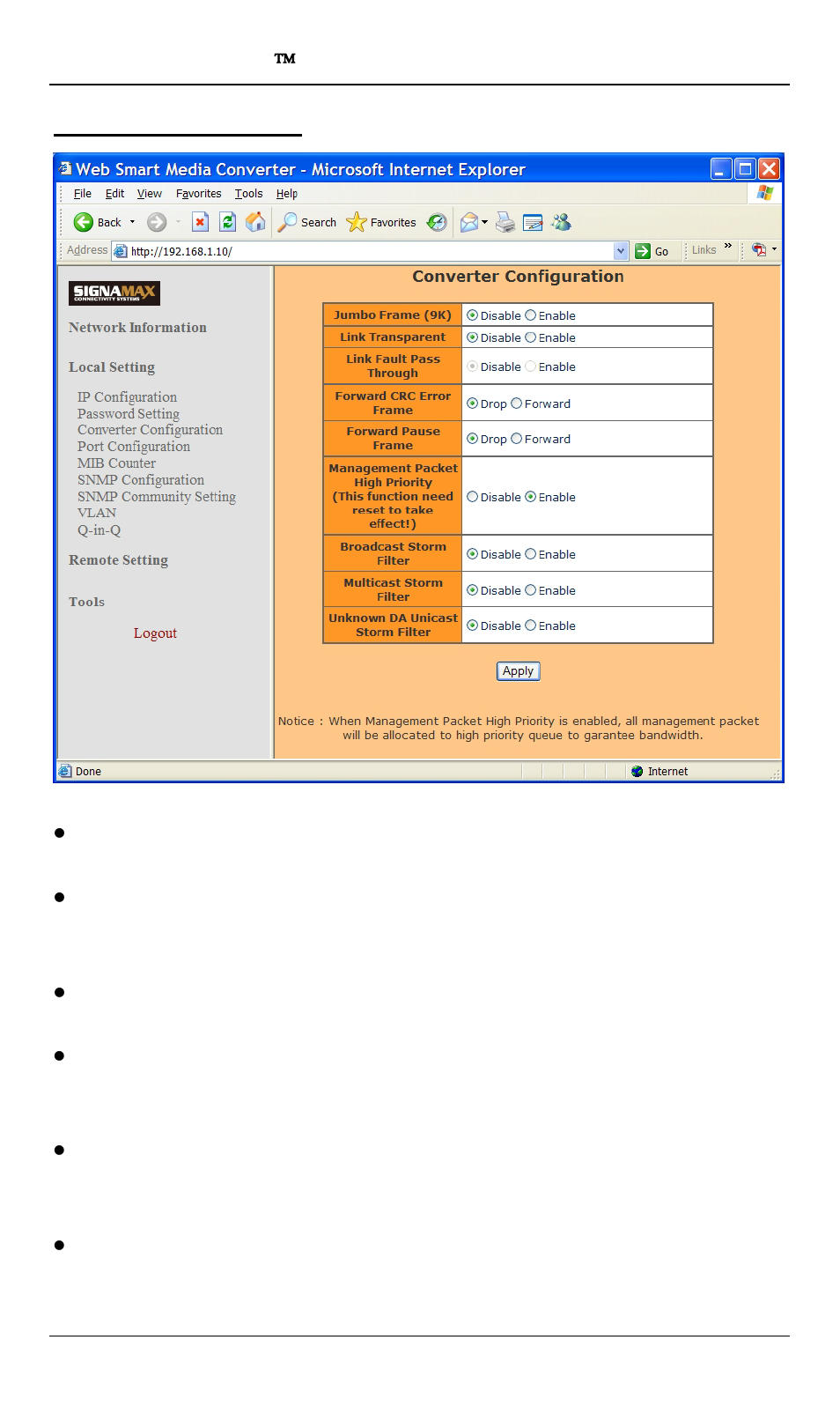 Converter configuration | Signamax 10/100/1000BaseT/TX to 100/1000Base SFP OAM Managed Switching Media Converter User Manual | Page 17 / 38