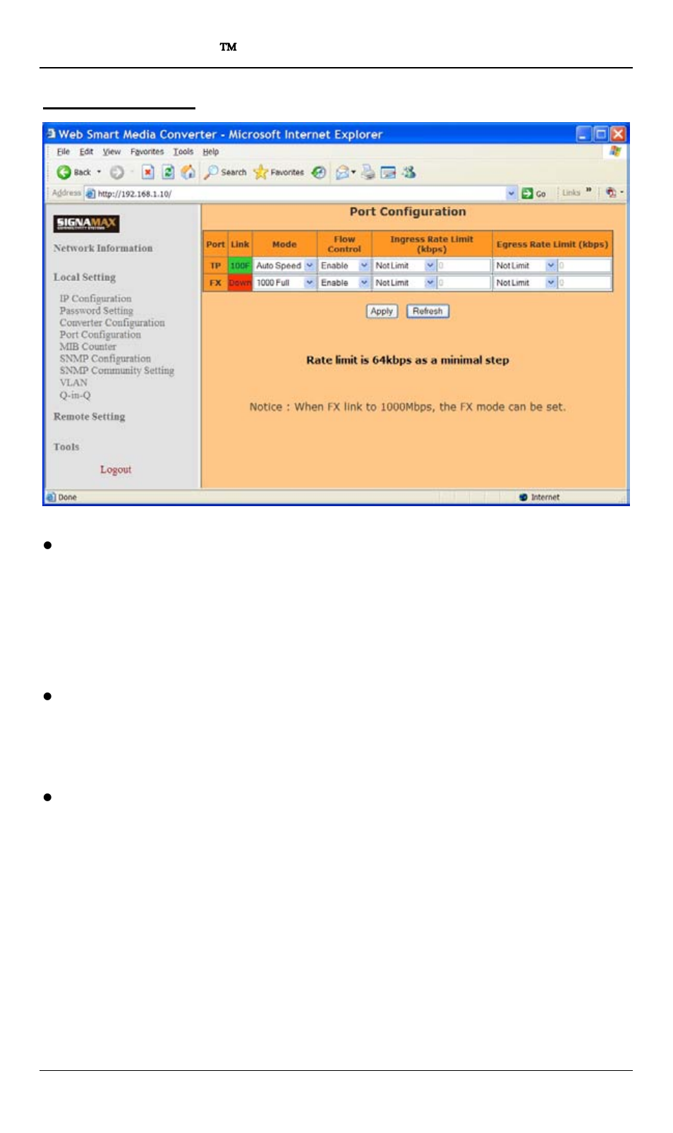 Port configuration | Signamax 10/100/1000BaseT/TX to 100/1000Base SFP OAM Managed Switching Media Converter User Manual | Page 19 / 38