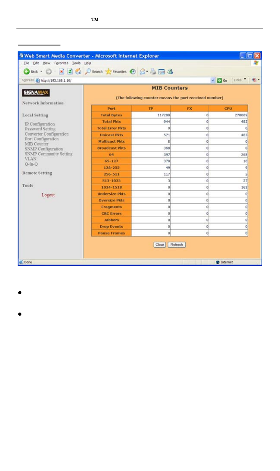 Mib counter | Signamax 10/100/1000BaseT/TX to 100/1000Base SFP OAM Managed Switching Media Converter User Manual | Page 21 / 38