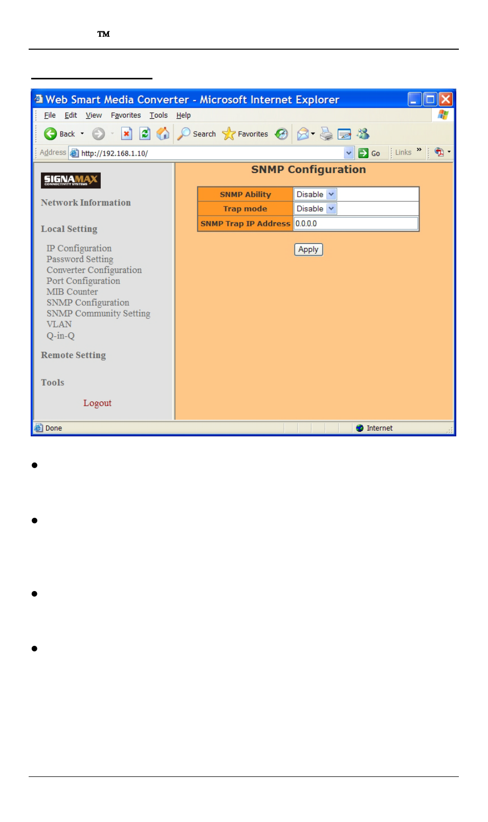 Snmp configuration | Signamax 10/100/1000BaseT/TX to 100/1000Base SFP OAM Managed Switching Media Converter User Manual | Page 22 / 38