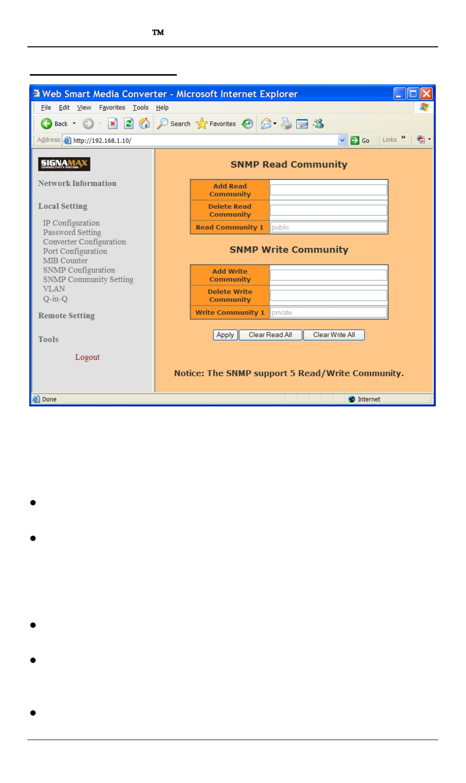 Snmp community setting | Signamax 10/100/1000BaseT/TX to 100/1000Base SFP OAM Managed Switching Media Converter User Manual | Page 23 / 38