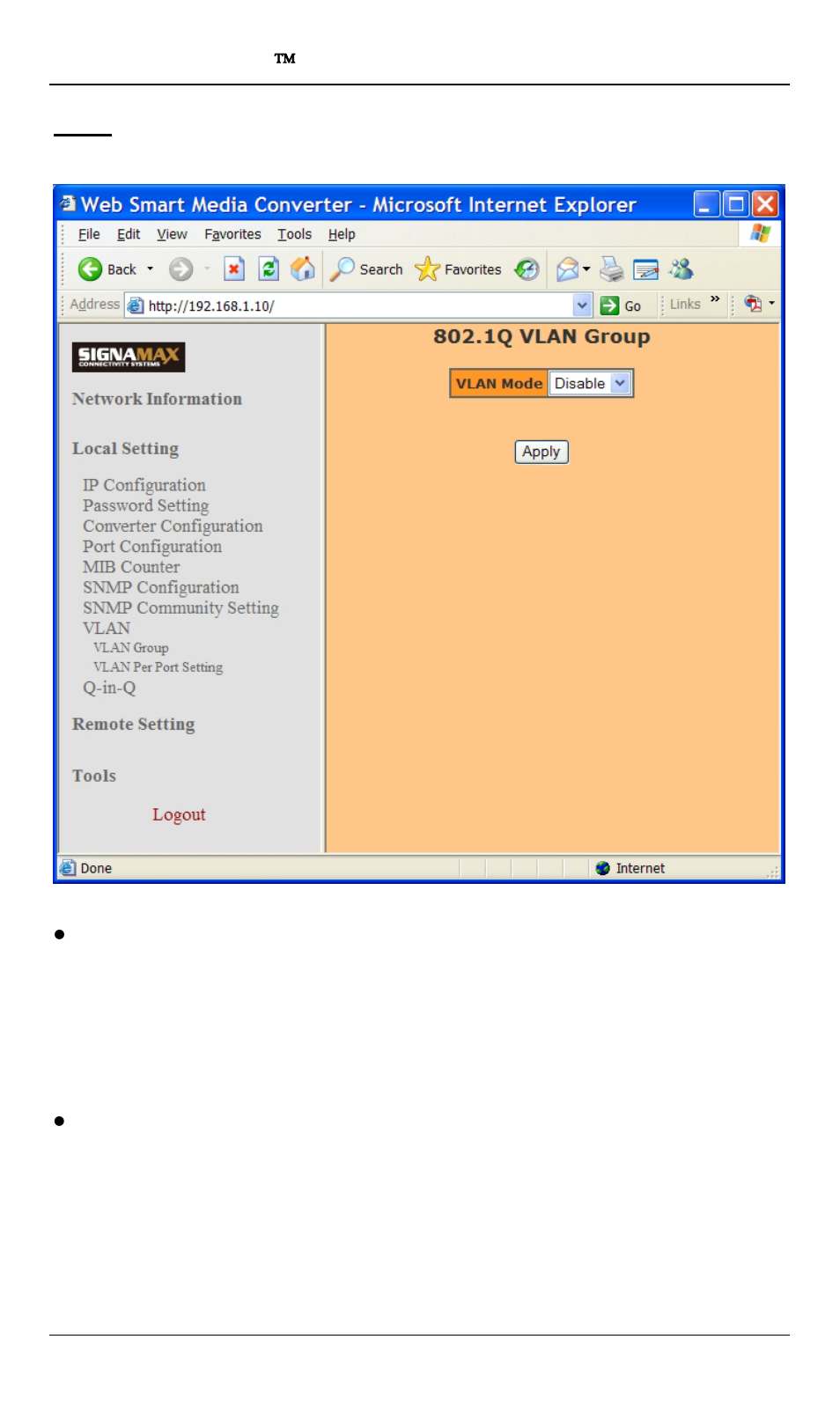 Vlan | Signamax 10/100/1000BaseT/TX to 100/1000Base SFP OAM Managed Switching Media Converter User Manual | Page 25 / 38