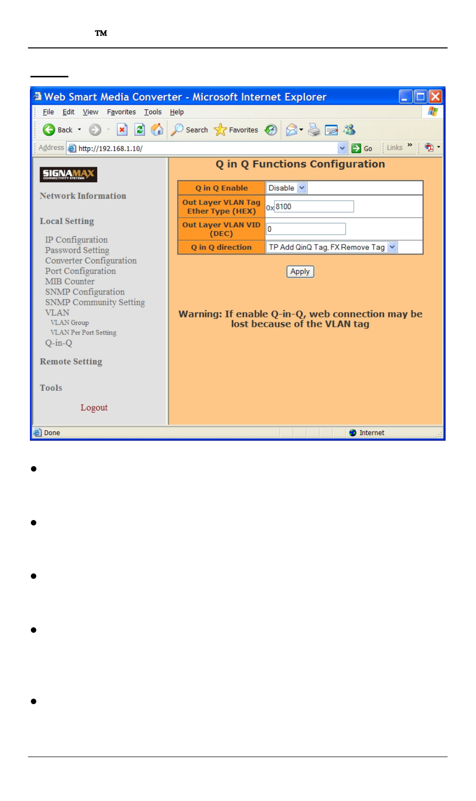 Q-in-q | Signamax 10/100/1000BaseT/TX to 100/1000Base SFP OAM Managed Switching Media Converter User Manual | Page 28 / 38