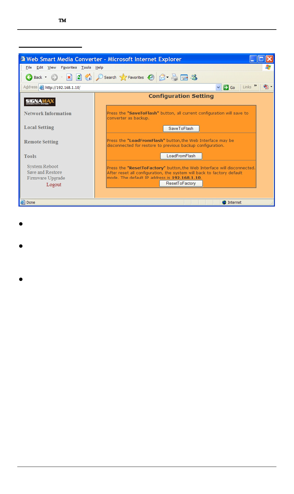 Save and restore | Signamax 10/100/1000BaseT/TX to 100/1000Base SFP OAM Managed Switching Media Converter User Manual | Page 34 / 38