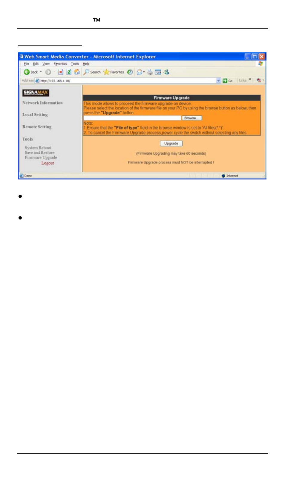 Firmware upgrade | Signamax 10/100/1000BaseT/TX to 100/1000Base SFP OAM Managed Switching Media Converter User Manual | Page 35 / 38