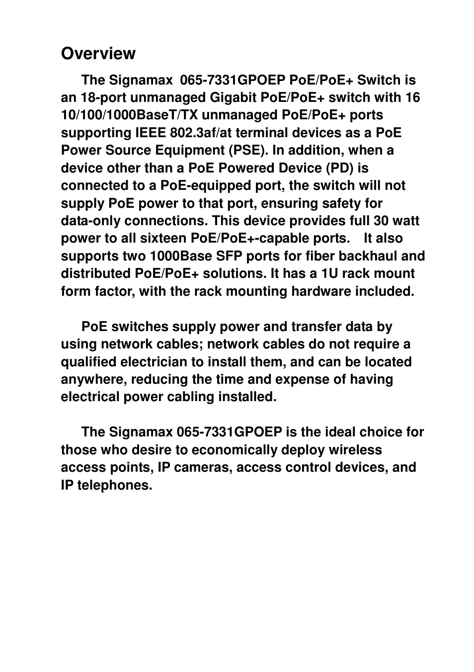 Overview | Signamax 18-Port 10/100/1000BaseT/TX PoE+ Switch with 16 PoE/PoE+ Ports plus 2 Gigabit SFP Ports User Manual | Page 2 / 6