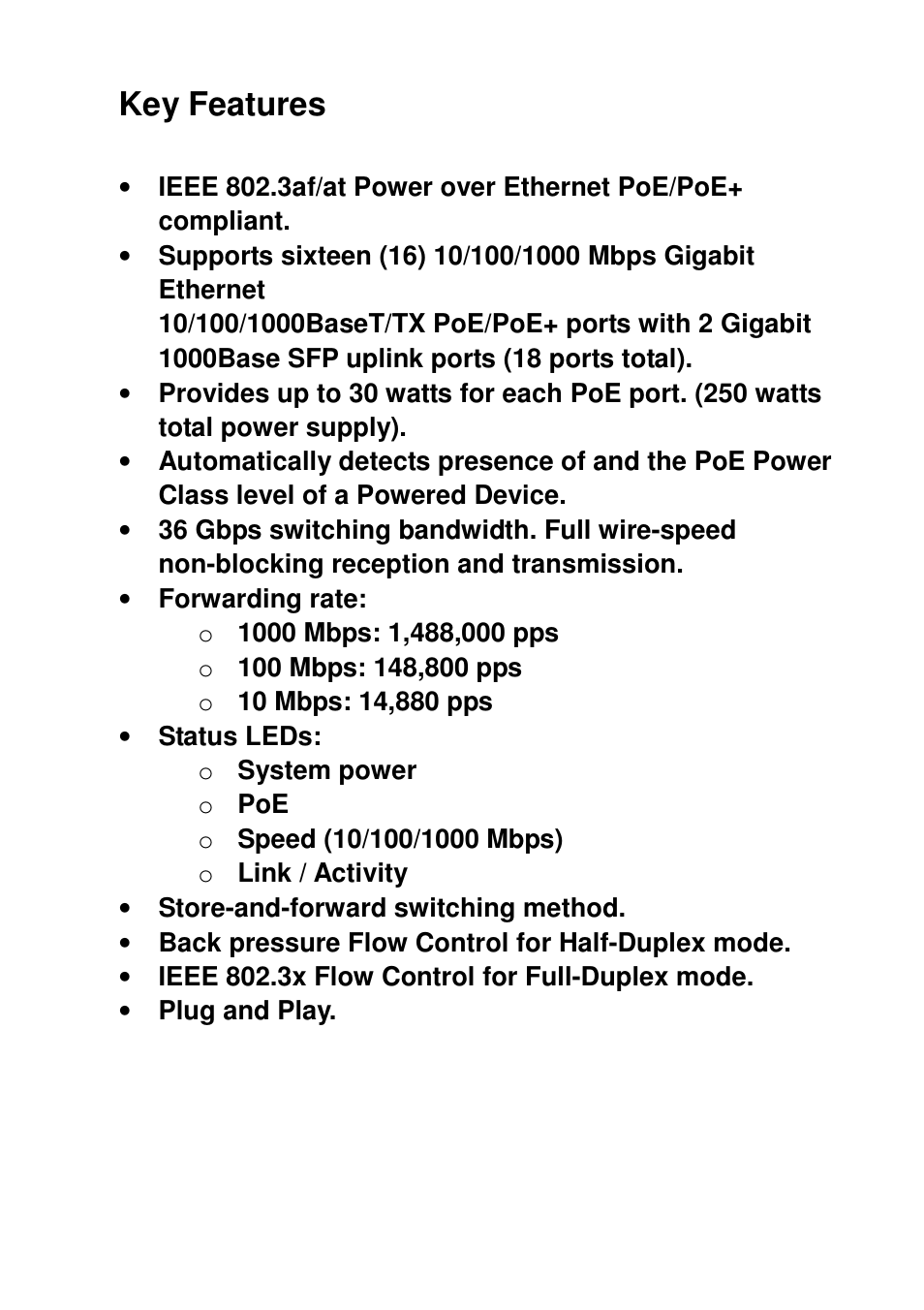 Key features | Signamax 18-Port 10/100/1000BaseT/TX PoE+ Switch with 16 PoE/PoE+ Ports plus 2 Gigabit SFP Ports User Manual | Page 3 / 6