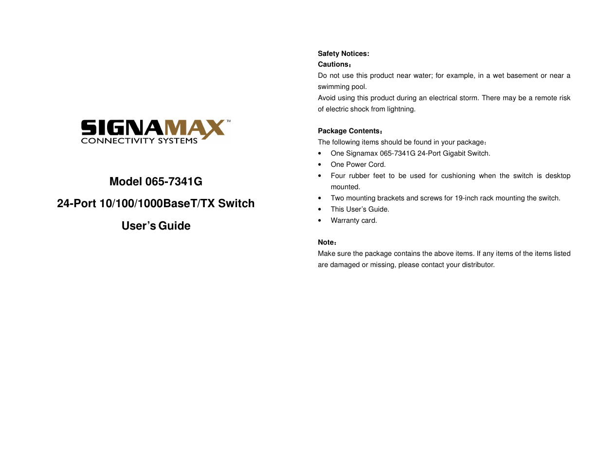 Signamax 24-Port 10/100/1000 Unmanaged Switch User Manual | 3 pages