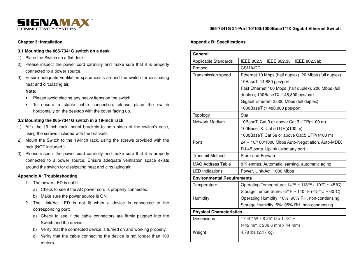 Signamax 24-Port 10/100/1000 Unmanaged Switch User Manual | Page 3 / 3