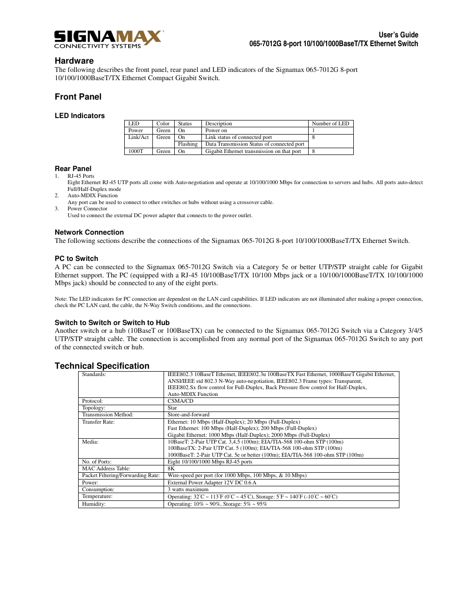 Hardware, Front panel, Technical specification | Signamax 8-Port 10/100/1000 Compact Gigabit Switch User Manual | Page 2 / 2