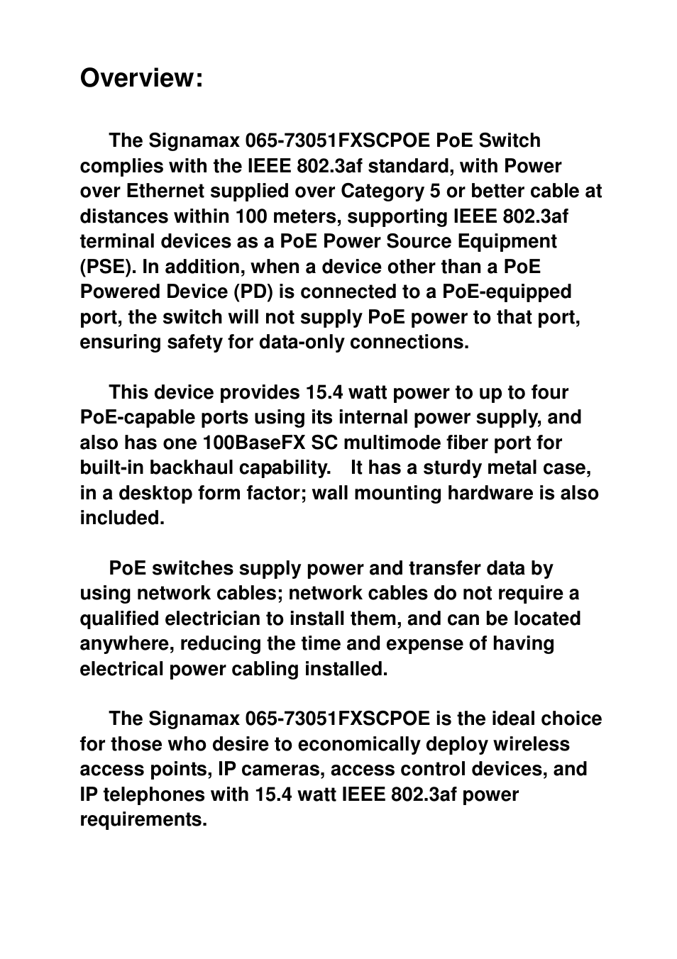 Overview | Signamax 5-Port 10/100BaseT/TX PoE Switch with 4 PoE Ports & 1 100BaseFX Port User Manual | Page 2 / 6