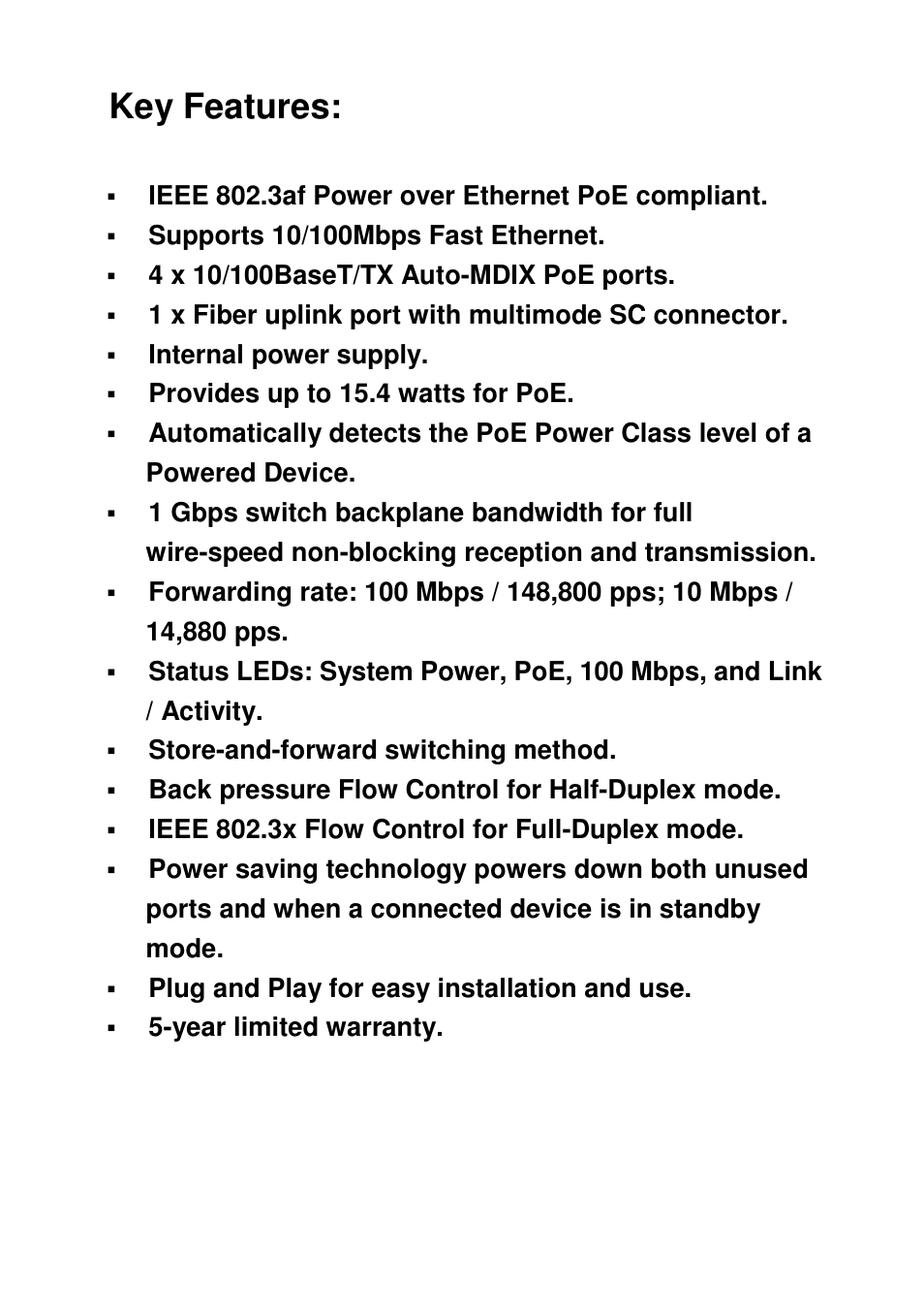 Key features | Signamax 5-Port 10/100BaseT/TX PoE Switch with 4 PoE Ports & 1 100BaseFX Port User Manual | Page 3 / 6