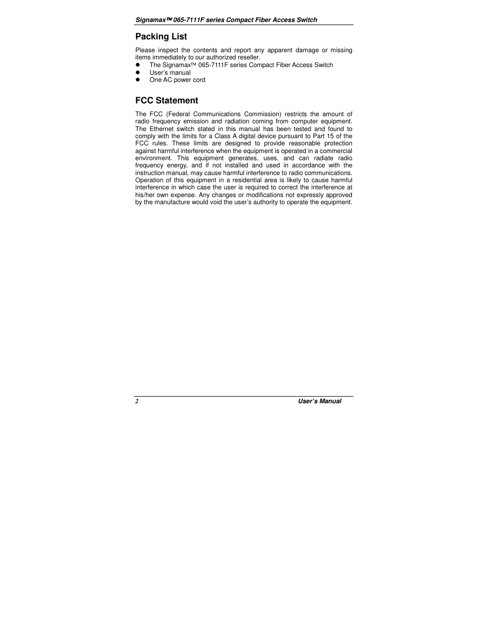 Packing list, Fcc statement | Signamax 7-Port 10/100 Unmanaged Switch + 1-Port 100BaseFX User Manual | Page 4 / 8