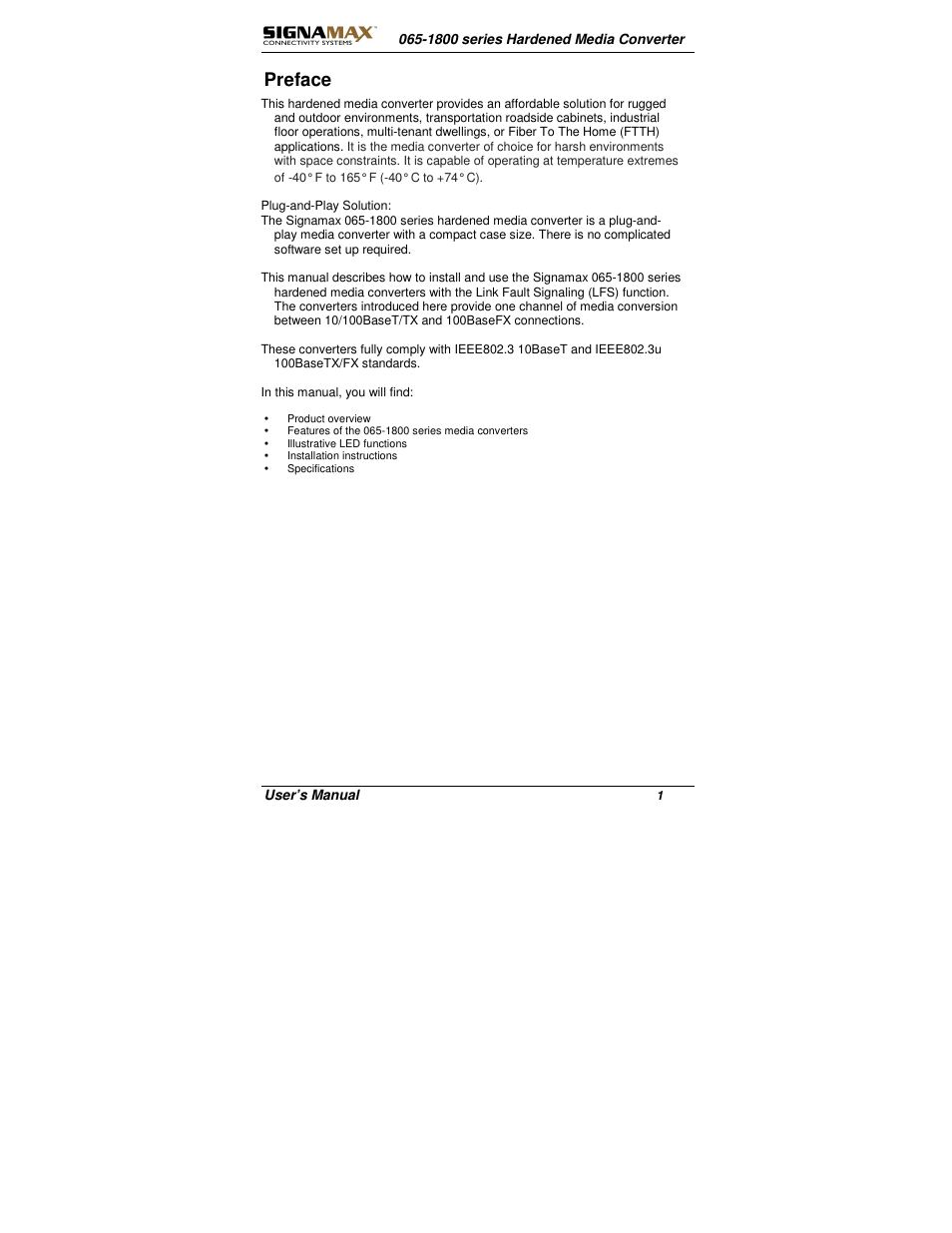 Signamax 10/100 to 100FX Industrial DIN-Rail Mount Компьютерные Аксессуары User Manual | 12 pages