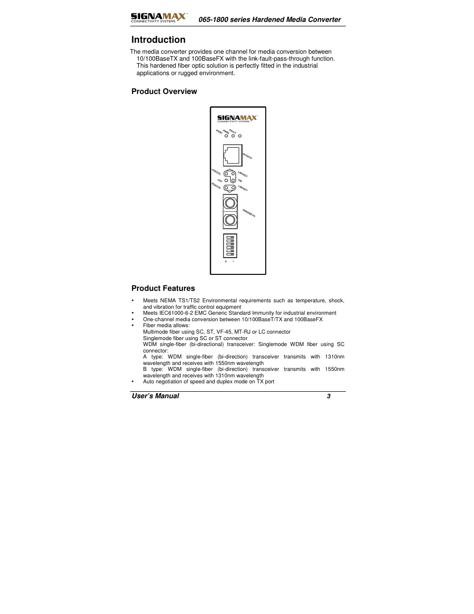 Introduction, Product overview, Product features | Signamax 10/100 to 100FX Industrial DIN-Rail Mount Компьютерные Аксессуары User Manual | Page 3 / 12