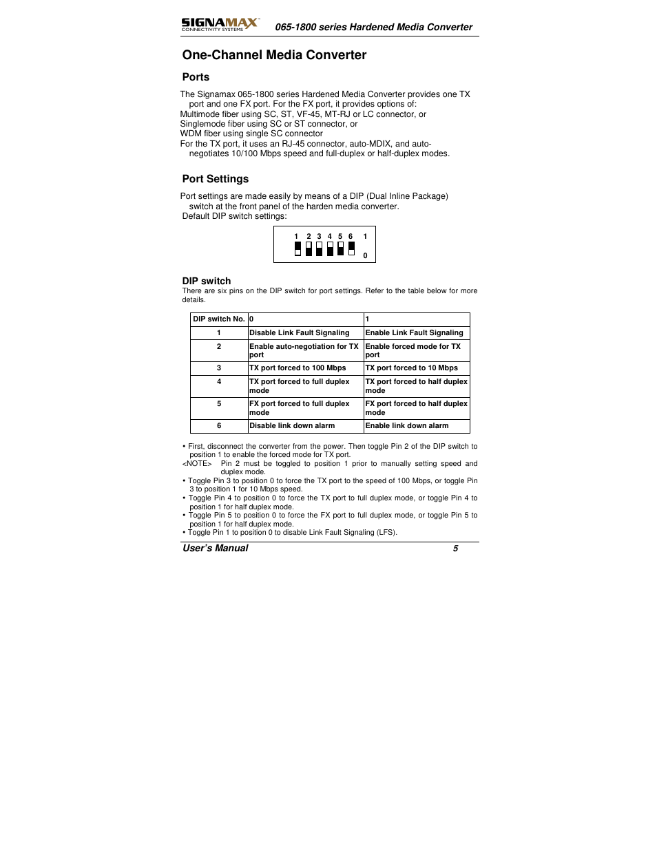 One-channel media converter, Ports, Port settings | Signamax 10/100 to 100FX Industrial DIN-Rail Mount Компьютерные Аксессуары User Manual | Page 5 / 12