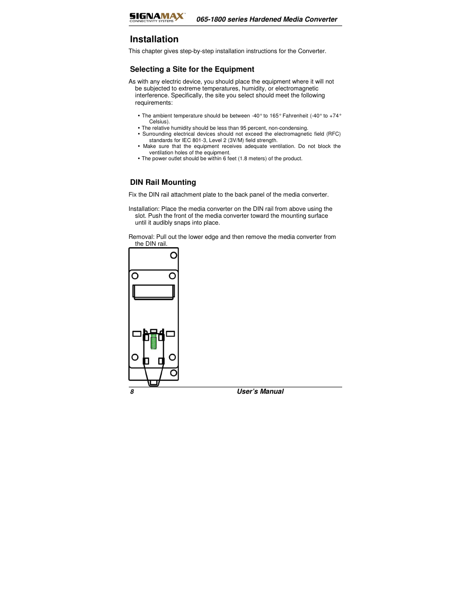 Installation | Signamax 10/100 to 100FX Industrial DIN-Rail Mount Компьютерные Аксессуары User Manual | Page 8 / 12