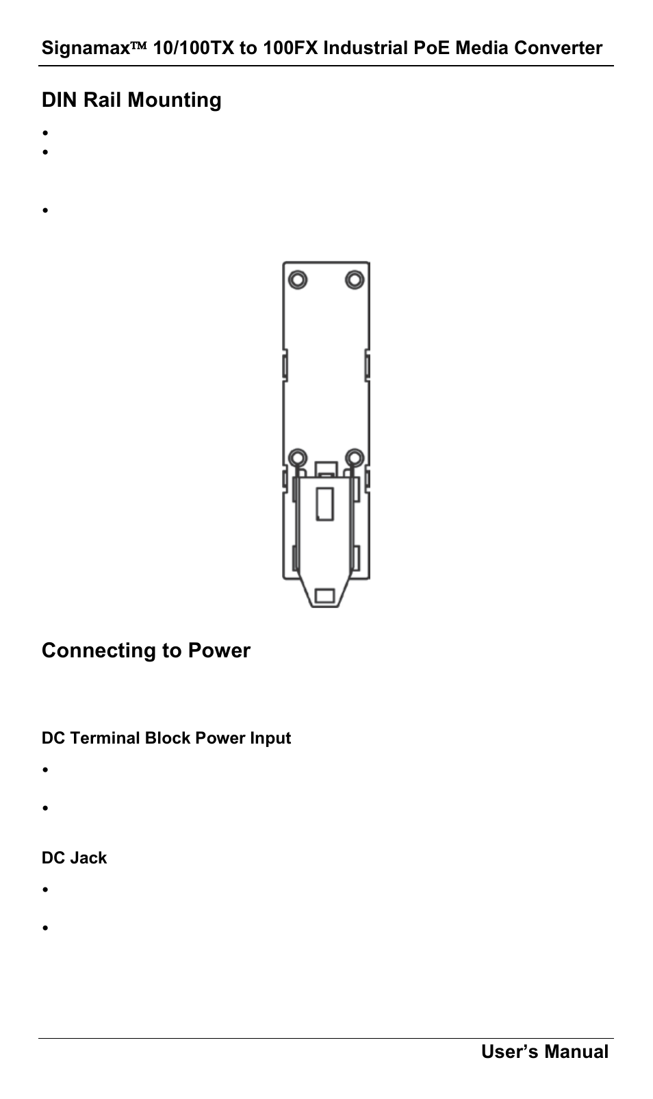 Din rail mounting, Connecting to power, Dc terminal block power input | Dc jack, Ounting, Onnecting to, Ower | Signamax 10/100 to 100FX PoE+ PSE DIN-Rail Mount Hardened Компьютерные Аксессуары User Manual | Page 12 / 16