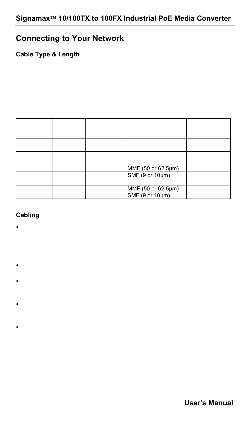 Connecting to your network, Cable type & length, Cabling | Onnecting to, Etwork, User’s manual | Signamax 10/100 to 100FX PoE+ PSE DIN-Rail Mount Hardened Компьютерные Аксессуары User Manual | Page 14 / 16