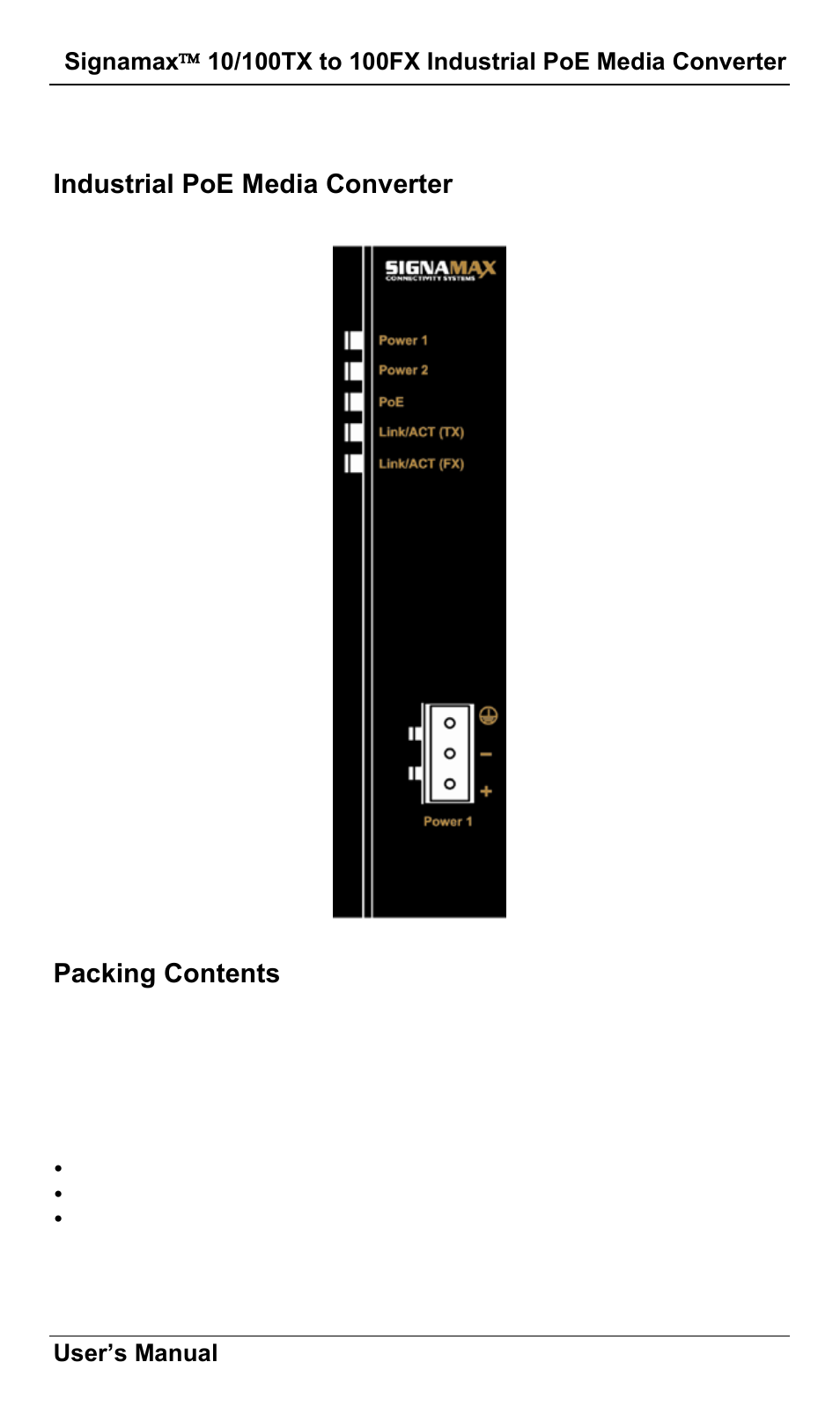 Industrial poe media converter, Packing contents, Roduct | Verview, Ndustrial, Edia, Onverter, Acking, Ontents, Product overview | Signamax 10/100 to 100FX PoE+ PSE DIN-Rail Mount Hardened Компьютерные Аксессуары User Manual | Page 7 / 16