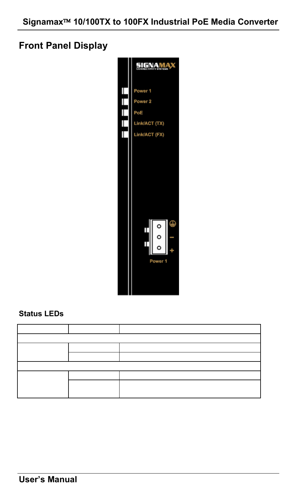 Front panel display, Status leds, Ront | Anel, Isplay | Signamax 10/100 to 100FX PoE+ PSE DIN-Rail Mount Hardened Компьютерные Аксессуары User Manual | Page 9 / 16