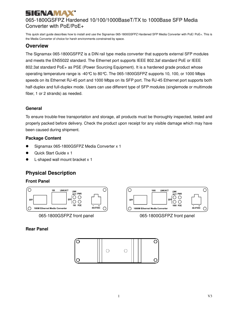 Signamax 10/100/1000 to 1000Base SFP PoE+ PSE DIN-Rail Mount Hardened Media Converter User Manual | 5 pages