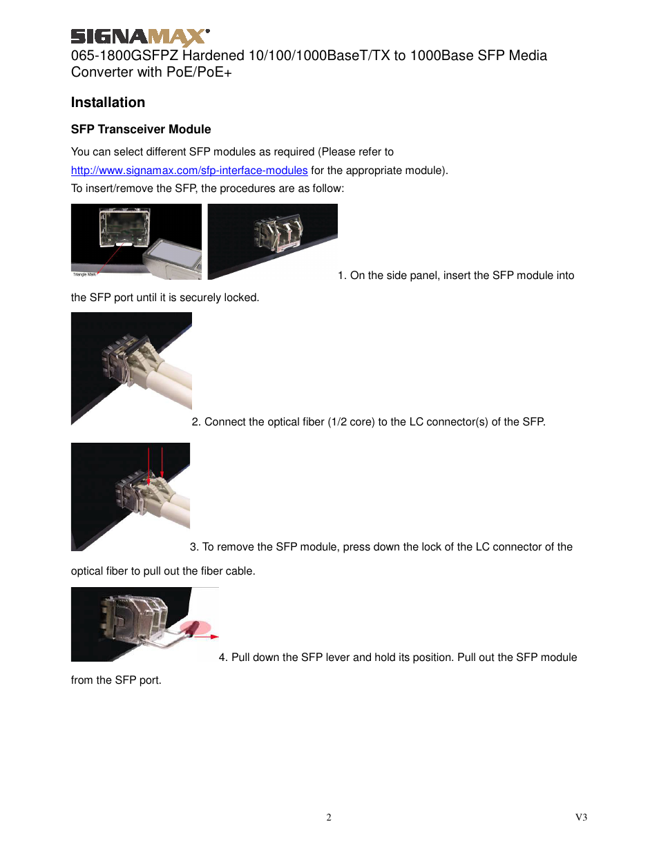 Installation | Signamax 10/100/1000 to 1000Base SFP PoE+ PSE DIN-Rail Mount Hardened Media Converter User Manual | Page 2 / 5
