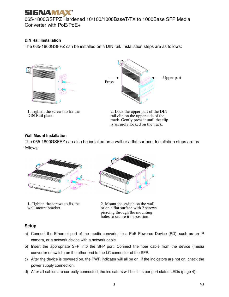 Signamax 10/100/1000 to 1000Base SFP PoE+ PSE DIN-Rail Mount Hardened Media Converter User Manual | Page 3 / 5