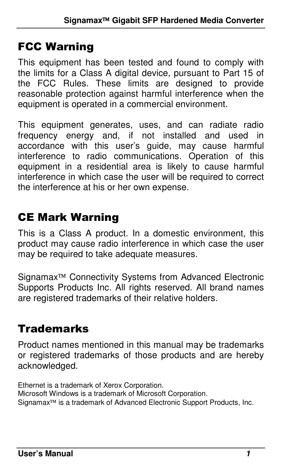 Fcc warning, Ce mark warning, Trademarks | Signamax 10/100/1000 to Gigabit SFP DIN Rail Mount Industrial Media Converter User Manual | Page 4 / 19