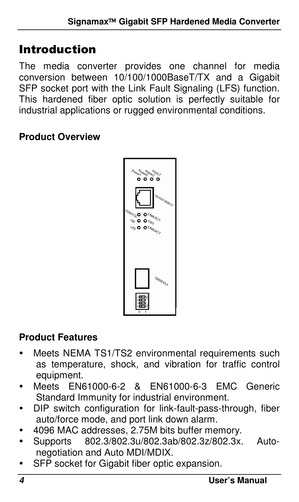 Introduction | Signamax 10/100/1000 to Gigabit SFP DIN Rail Mount Industrial Media Converter User Manual | Page 7 / 19