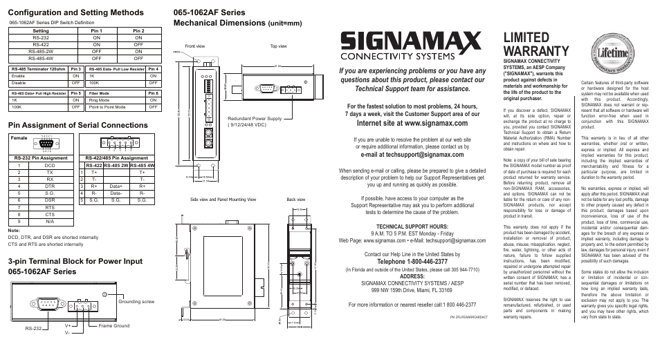Limited warranty, Unit=mm) | Signamax Serial Data to Fiber Компьютерные Аксессуары User Manual | Page 2 / 2