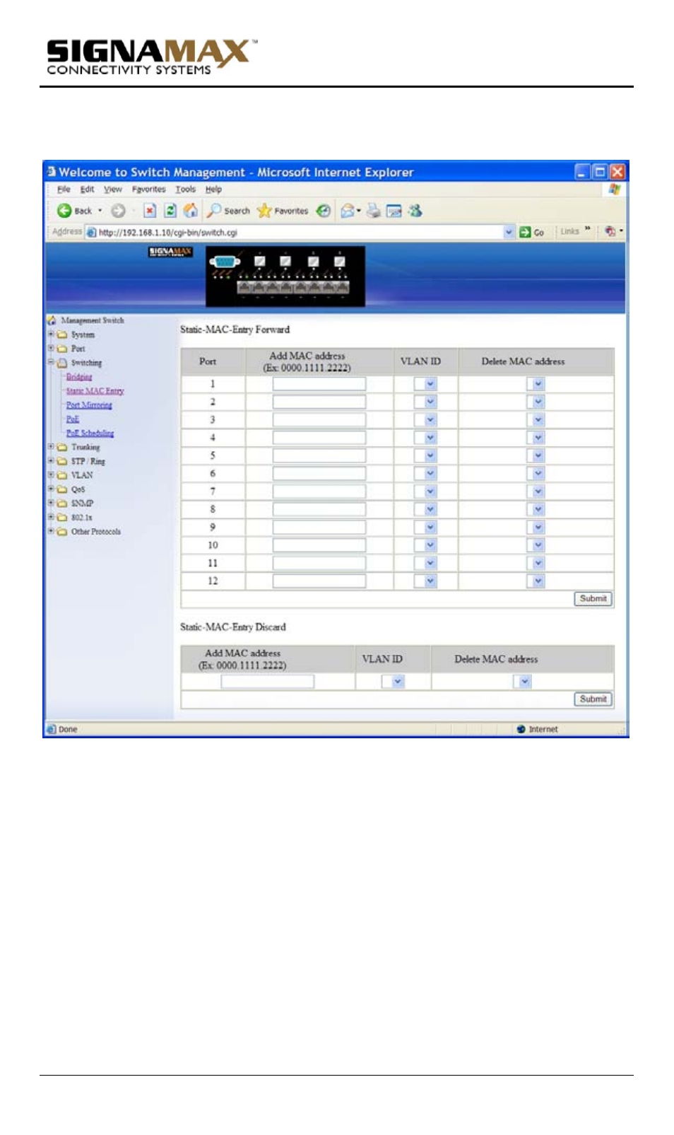 Static mac entry | Signamax Model -065-7700 User Manual | Page 60 / 199