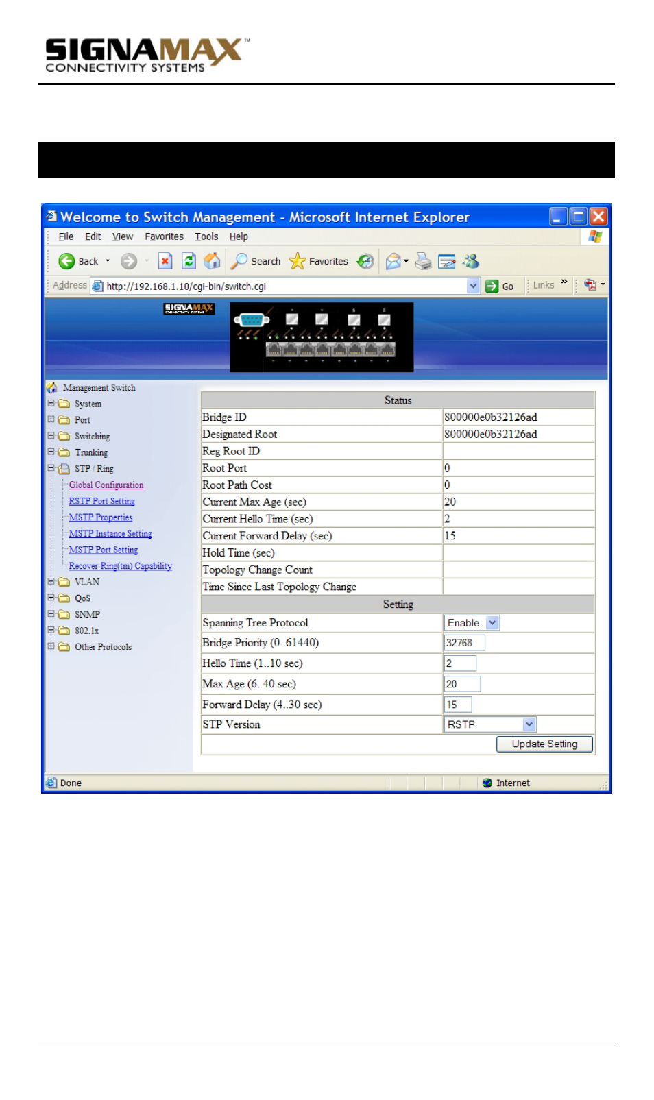 Stp / ring, Global configuration | Signamax Model -065-7700 User Manual | Page 66 / 199