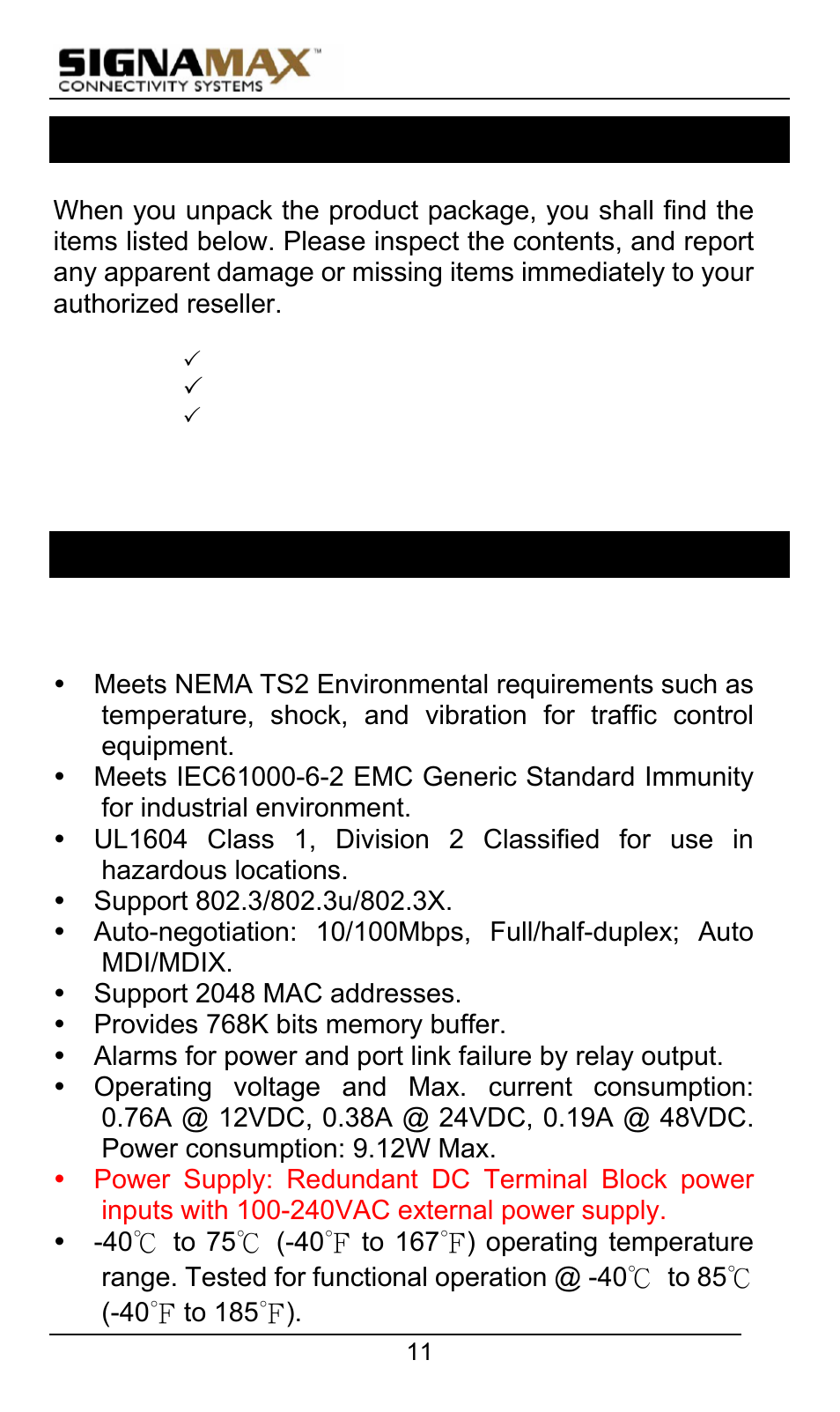 Package contents, Product highlights, Basic features | Ackage, Ontents, Roduct, Ighlights | Signamax 10/100 Industrial DIN-rail Mount Unmanaged Switches User Manual | Page 11 / 23