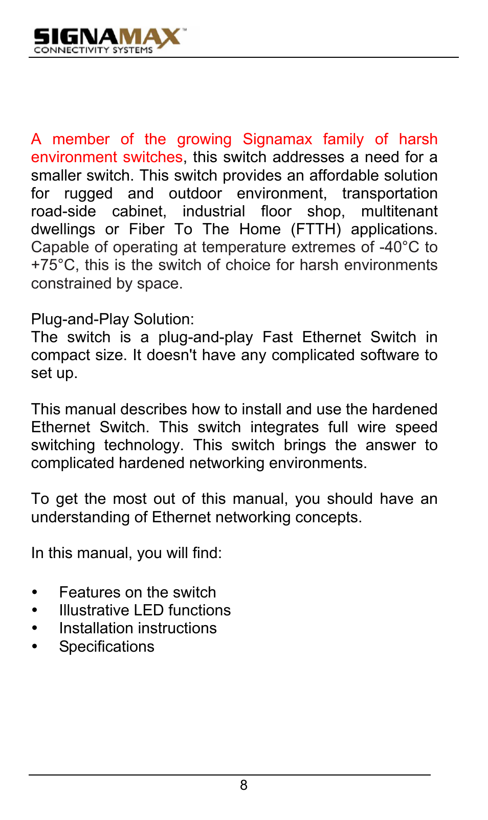 Preface | Signamax 10/100 Industrial DIN-rail Mount Unmanaged Switches User Manual | Page 8 / 23