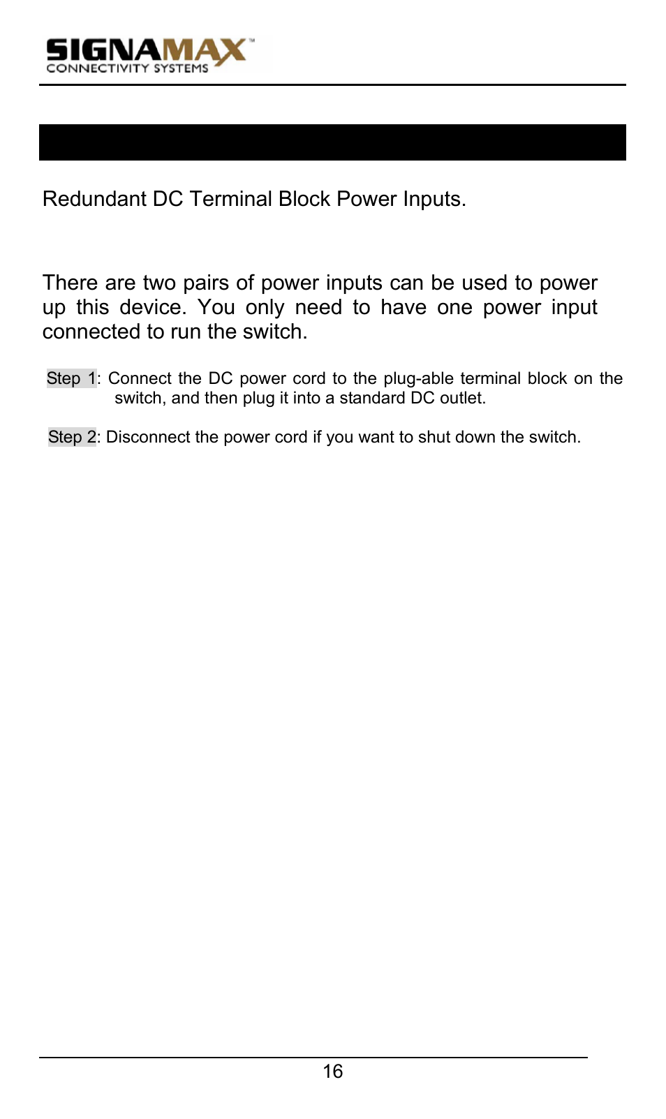 Connecting to power, Redundant dc terminal block power inputs | Signamax 10/100 Industrial DIN-rail Mount Power over Ethernet Unmanaged Switches User Manual | Page 16 / 22