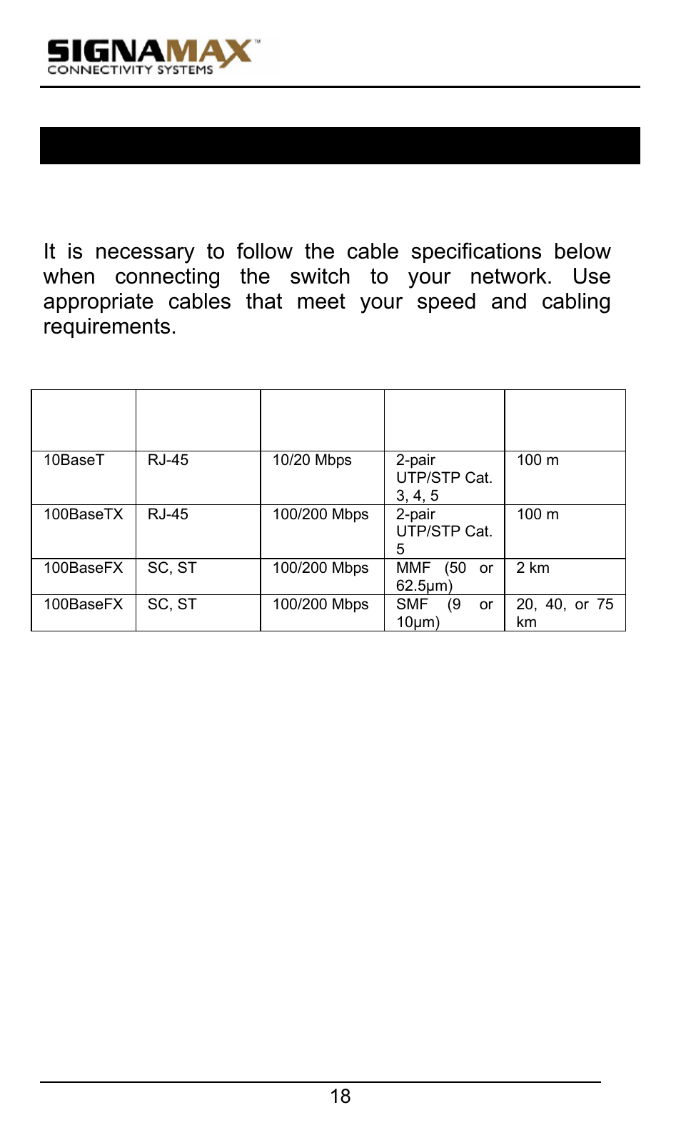 Connecting to your network, Cable type & length | Signamax 10/100 Industrial DIN-rail Mount Power over Ethernet Unmanaged Switches User Manual | Page 18 / 22