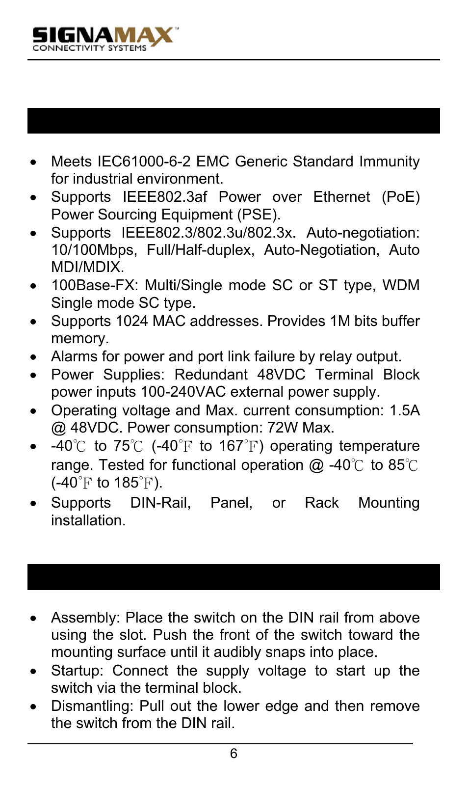 Functional description, Assembly, startup, and dismantling | Signamax 10/100 Industrial DIN-rail Mount Power over Ethernet Unmanaged Switches User Manual | Page 6 / 22