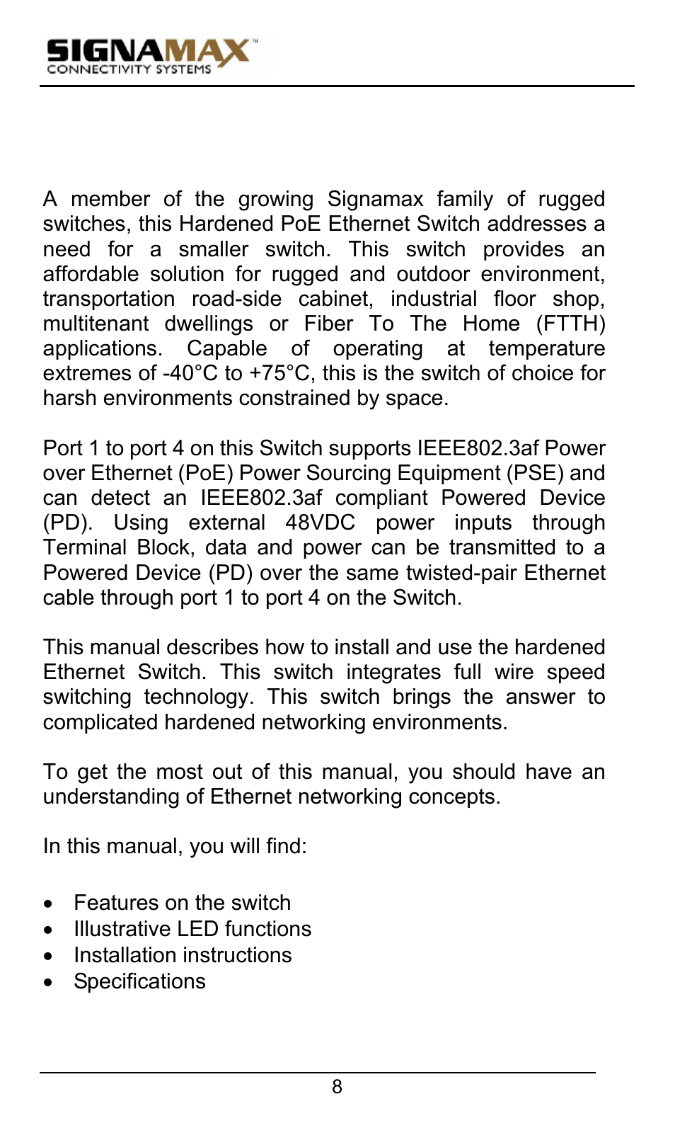 Preface | Signamax 10/100 Industrial DIN-rail Mount Power over Ethernet Unmanaged Switches User Manual | Page 8 / 22