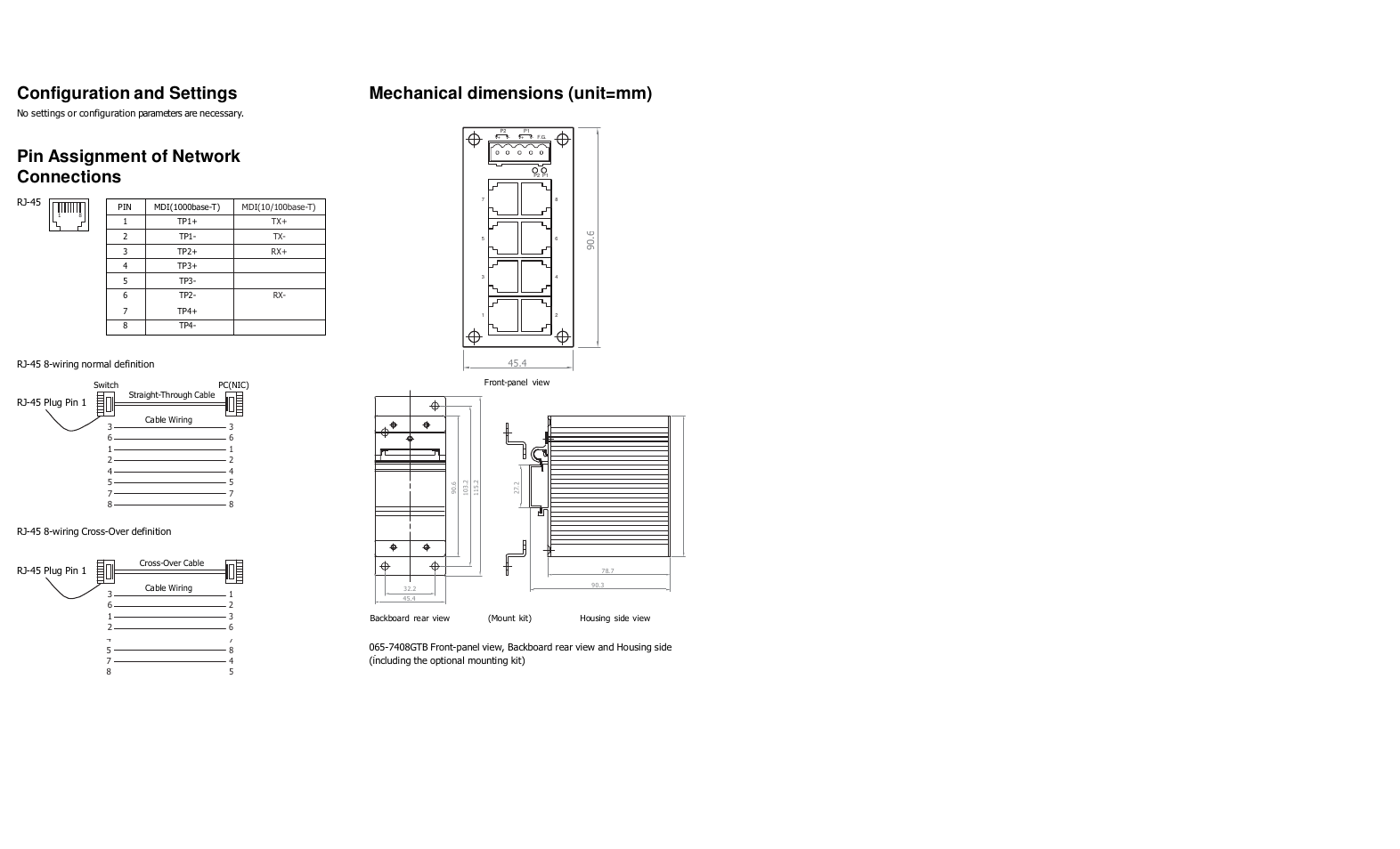 Configuration and settings, Mechanical dimensions (unit=mm), Pin assignment of network connections | Signamax 8-Port 10/100/1000 Compact Industrial Unmanaged Switch User Manual | Page 2 / 2