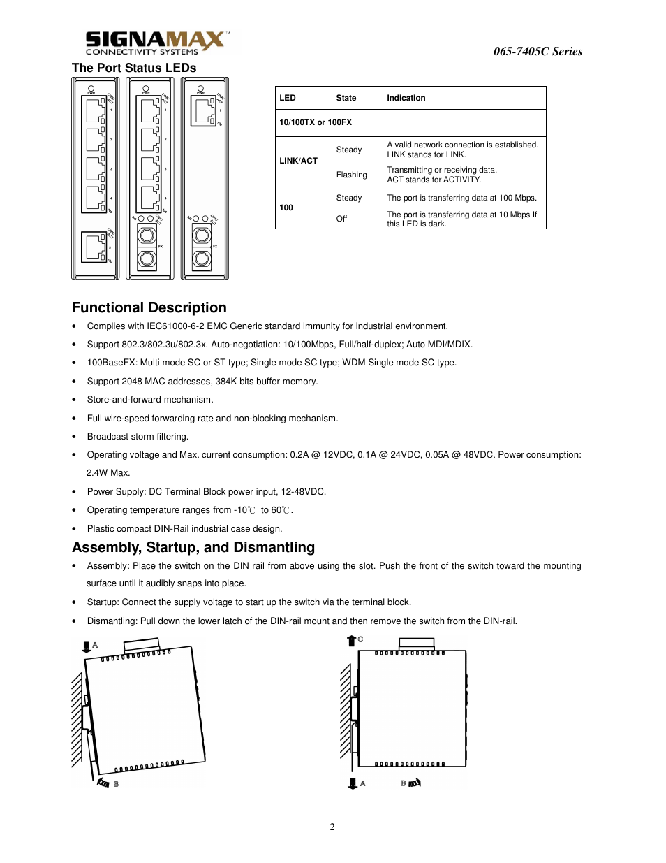 Functional description, Assembly, startup, and dismantling, 7405c series | The port status leds | Signamax 5-Port 10/100 Compact Industrial Unmanaged Switch User Manual | Page 2 / 2