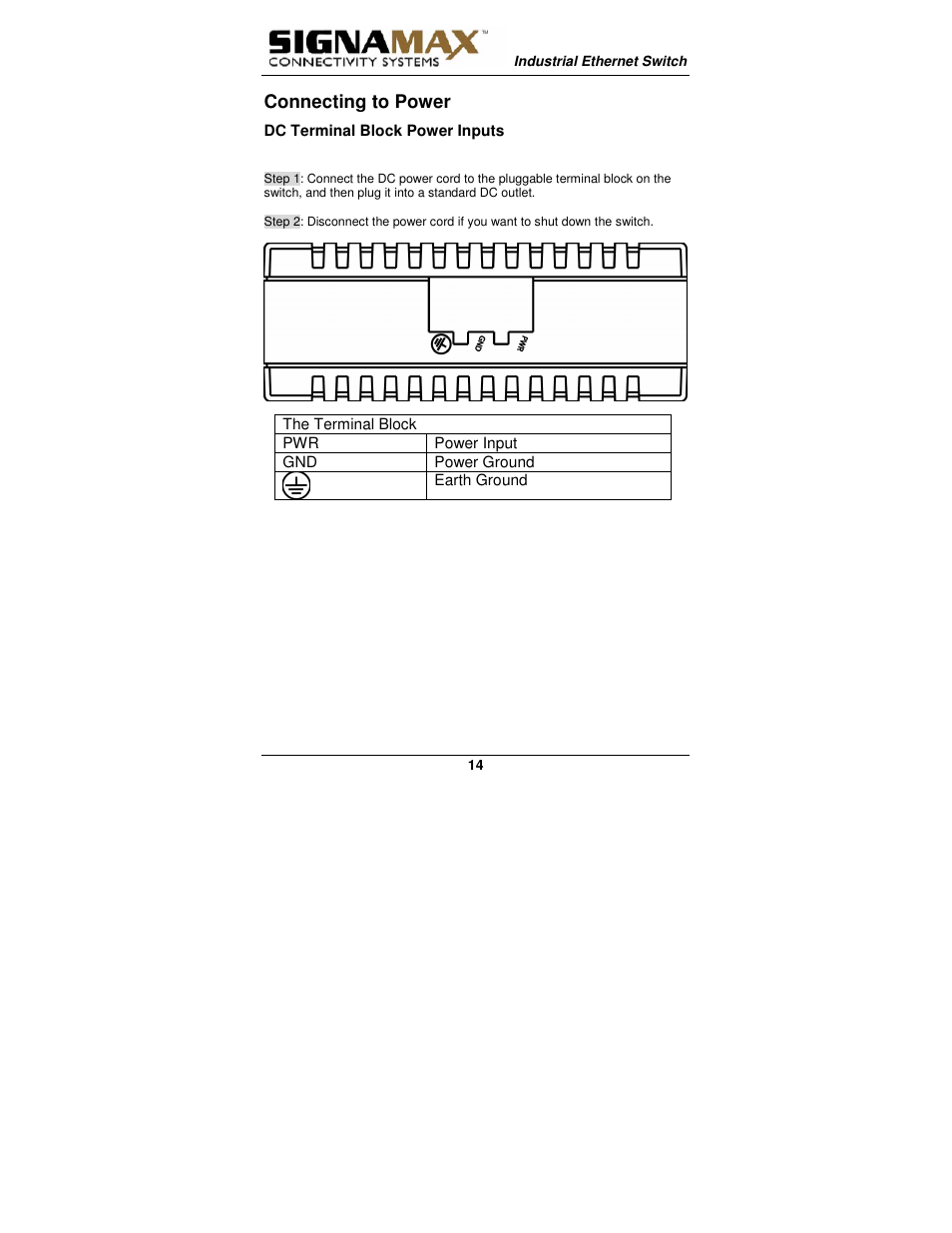 Connecting to power | Signamax 5-Port 10/100 Compact Industrial Unmanaged Switch User Manual | Page 14 / 20