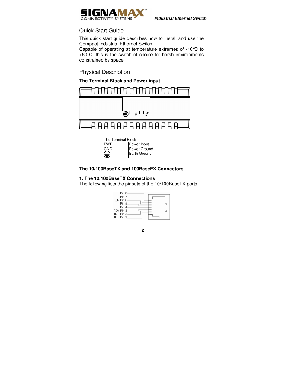 Quick start guide, Physical description | Signamax 5-Port 10/100 Compact Industrial Unmanaged Switch User Manual | Page 2 / 20