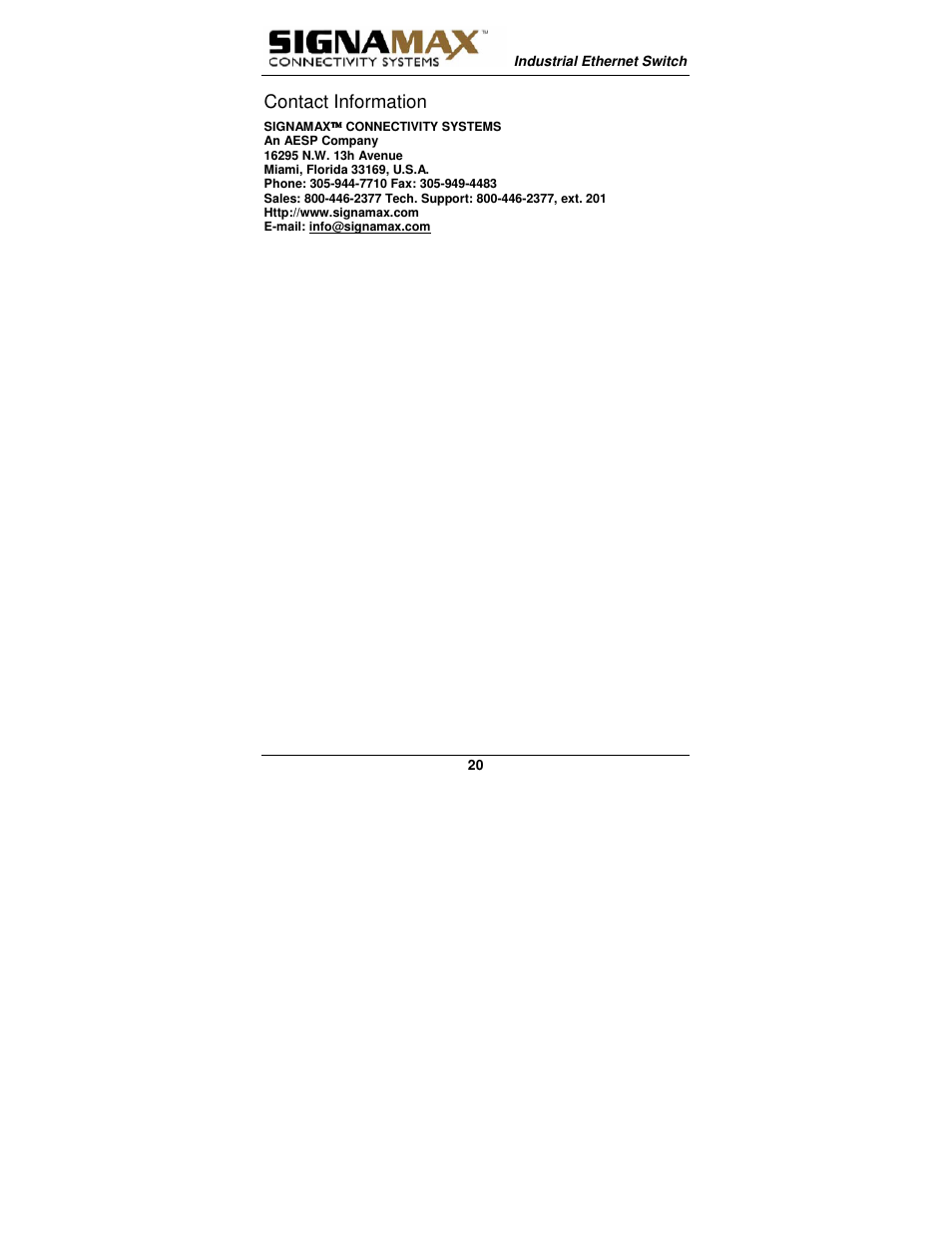 Contact information | Signamax 5-Port 10/100 Compact Industrial Unmanaged Switch User Manual | Page 20 / 20