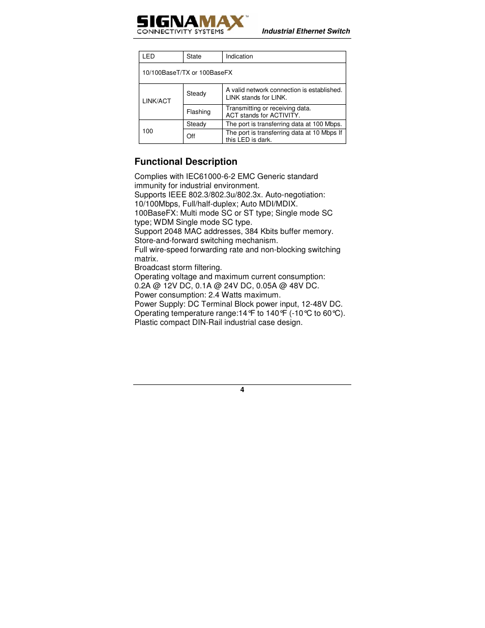 Functional description | Signamax 5-Port 10/100 Compact Industrial Unmanaged Switch User Manual | Page 4 / 20