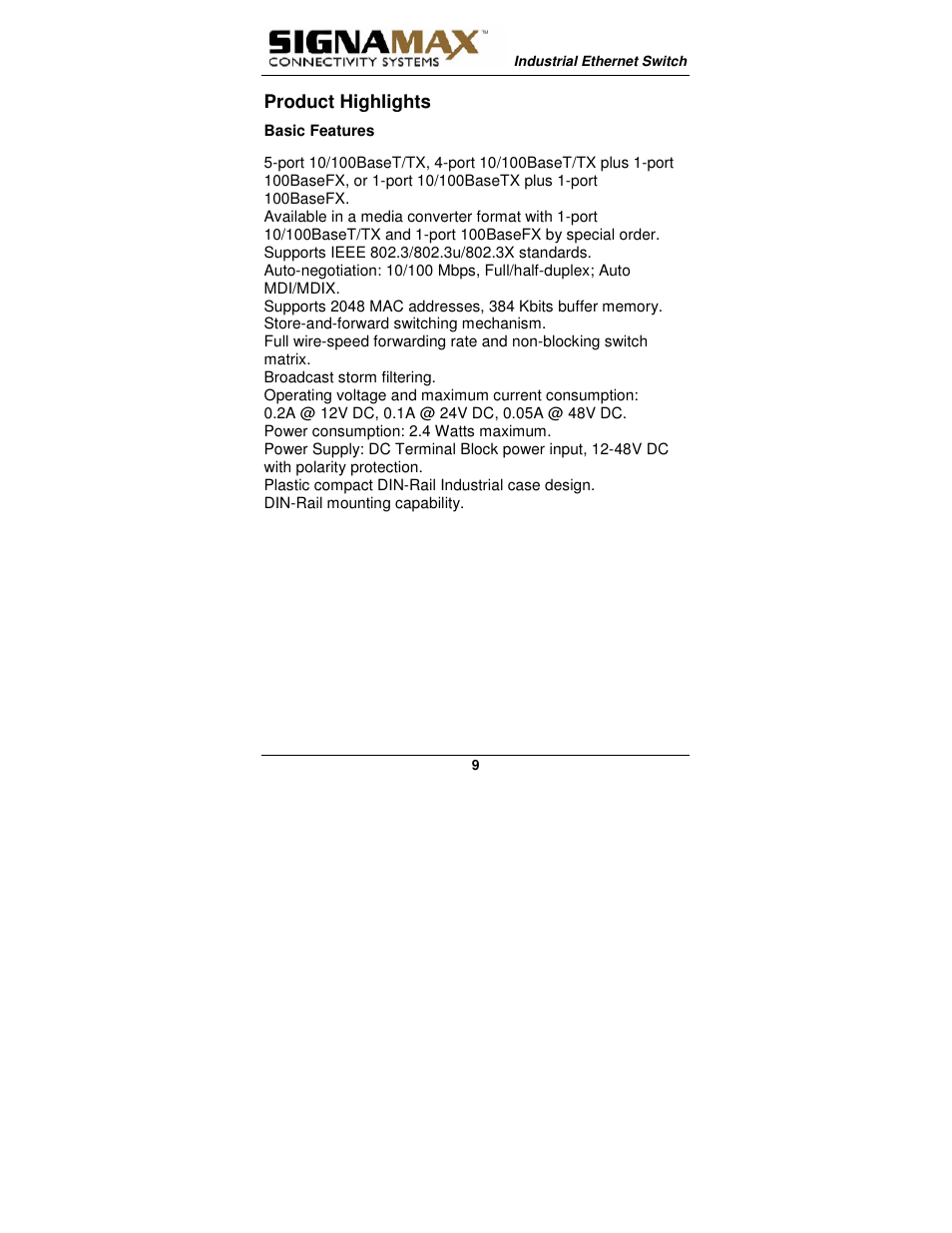 Product highlights | Signamax 5-Port 10/100 Compact Industrial Unmanaged Switch User Manual | Page 9 / 20