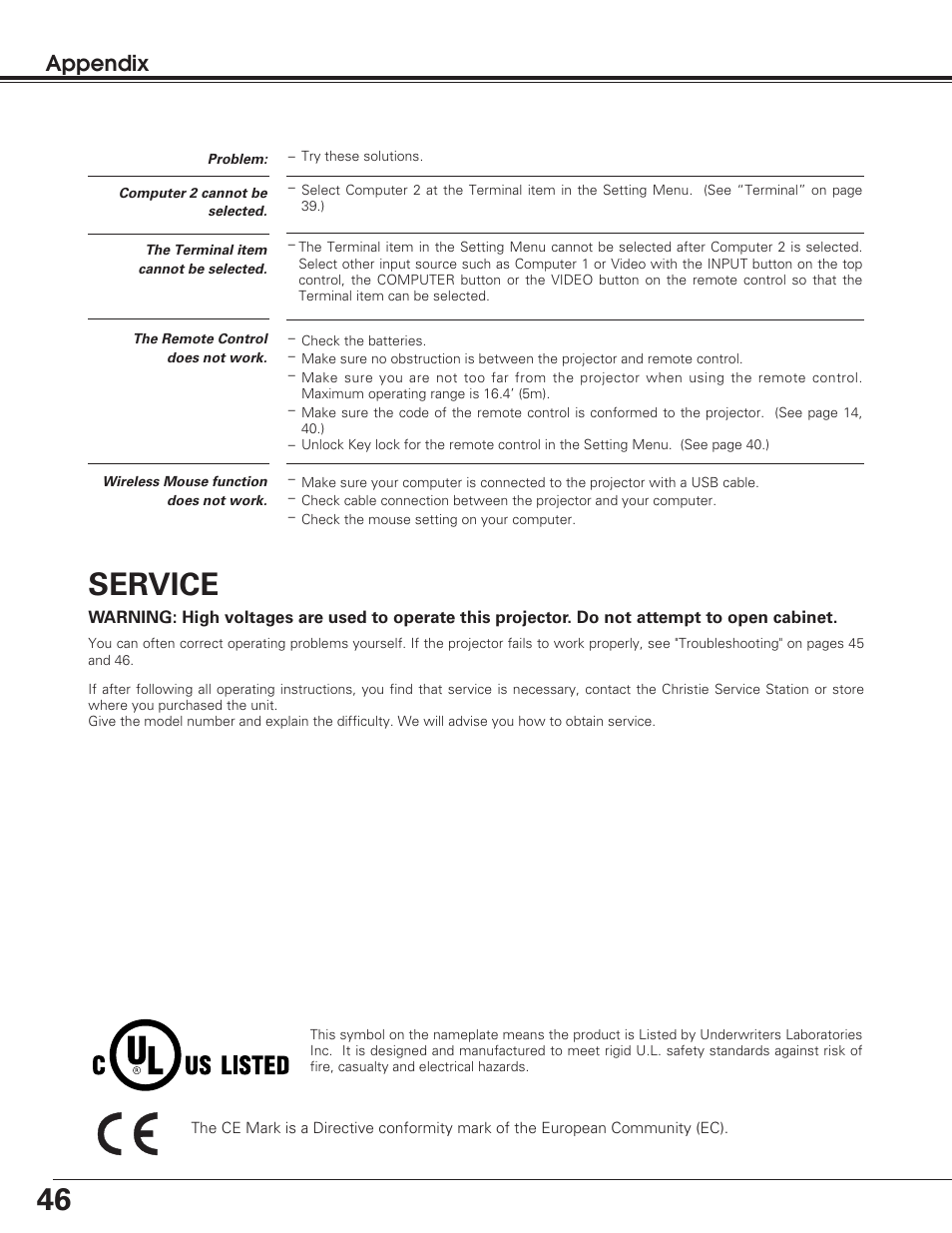 Service, Appendix | Christie Digital Systems 38-VIV208-01 User Manual | Page 46 / 56
