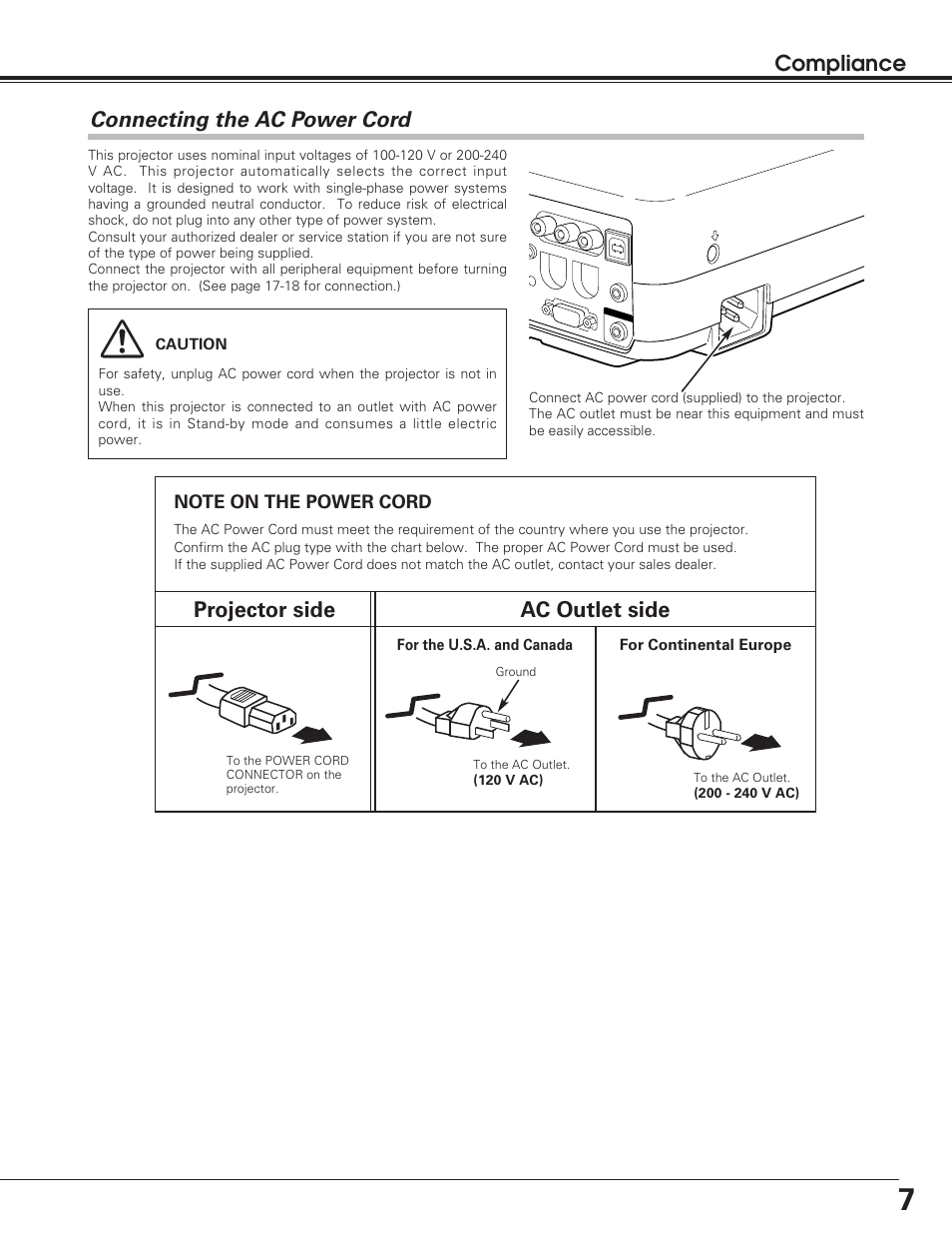 Compliance, Connecting the ac power cord, Projector side ac outlet side | Christie Digital Systems 38-VIV208-01 User Manual | Page 7 / 56