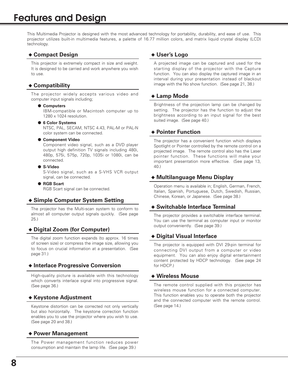 8features and design | Christie Digital Systems 38-VIV208-01 User Manual | Page 8 / 56