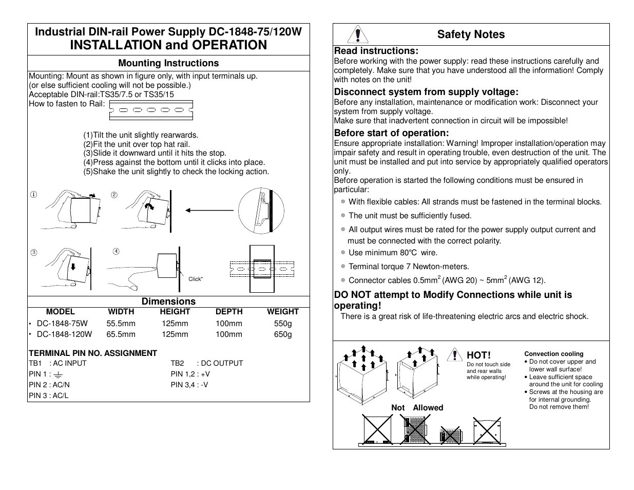 Installation and operation | Signamax 48 Volt DC Industrial DIN-rail Mount Power Supplies User Manual | Page 2 / 2